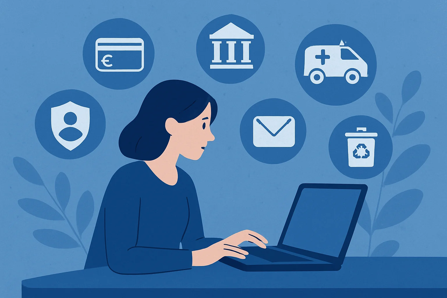 Donna che utilizza laptop circondată da icone di servizi digitali: pagamento, sanità, comunicazione e amministrazione