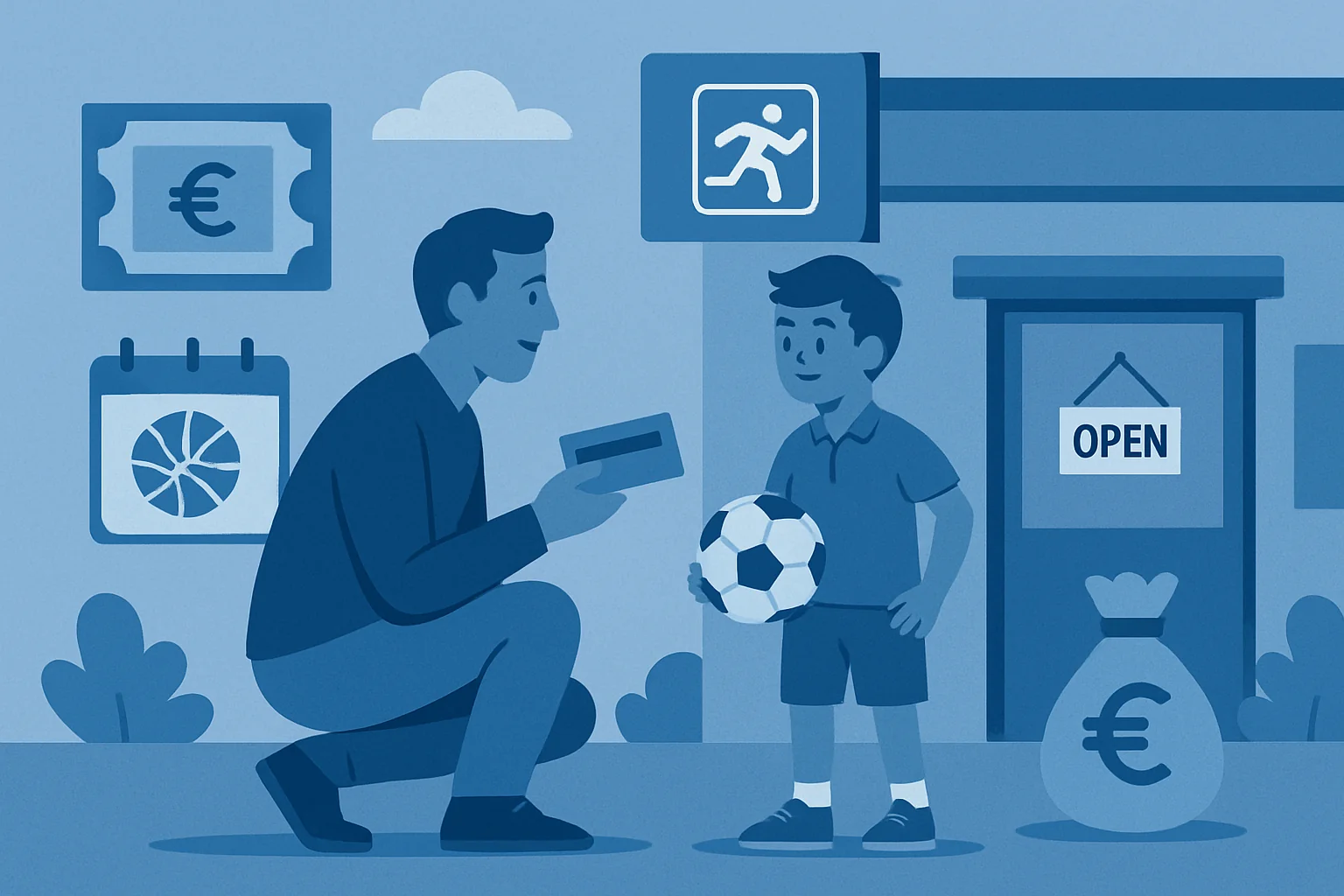 Adulto con carta di credito e bambino con pallone da calcio davanti a negozio aperto con simboli di denaro e sport