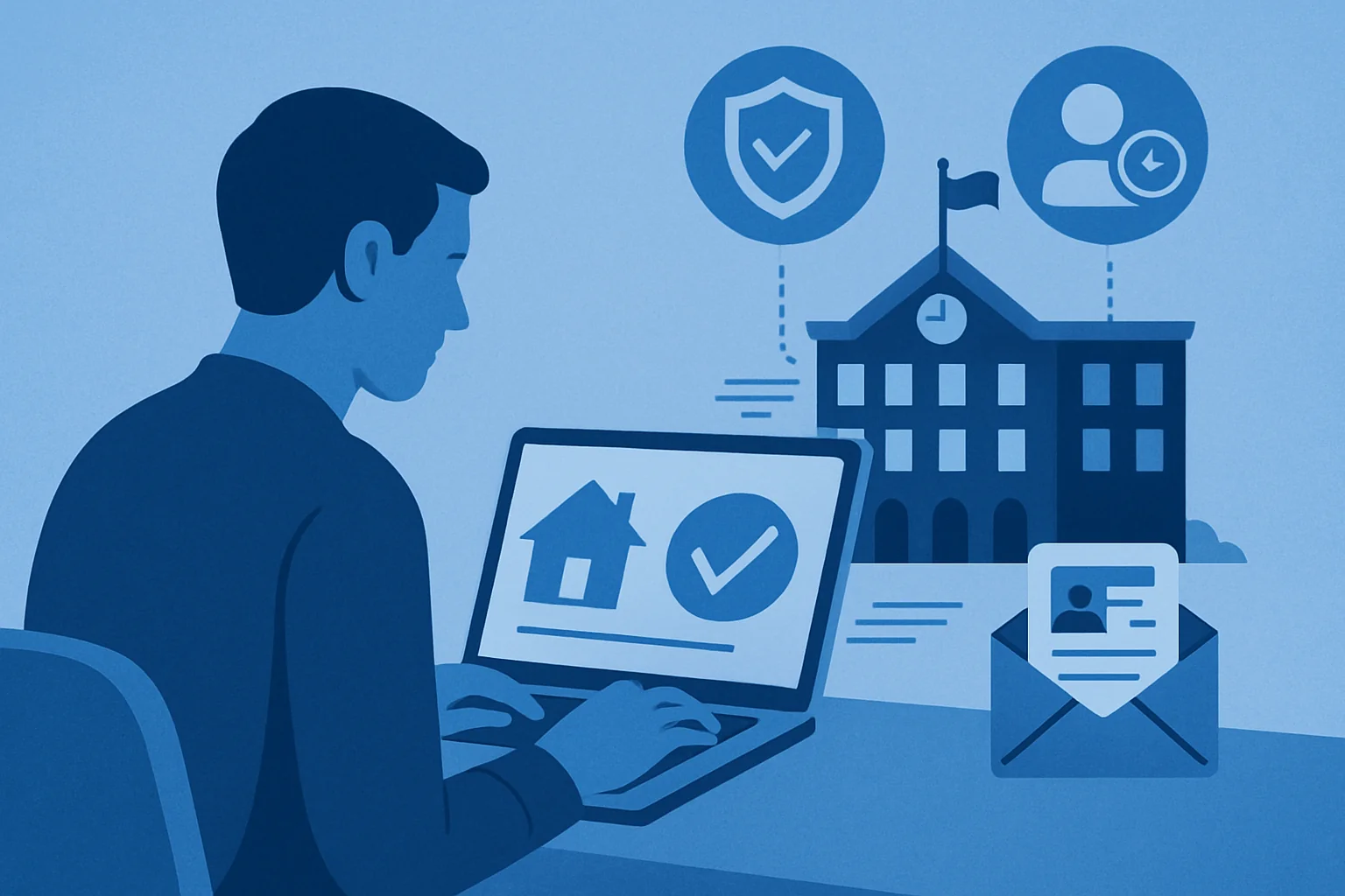 Uomo al computer che accede a servizi governativi online con icone di sicurezza e autenticazione
