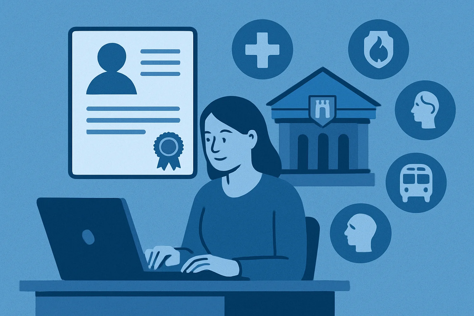 Donna al computer con certificato professionale e icone di servizi: sanità, trasporti, istruzione e istituzioni