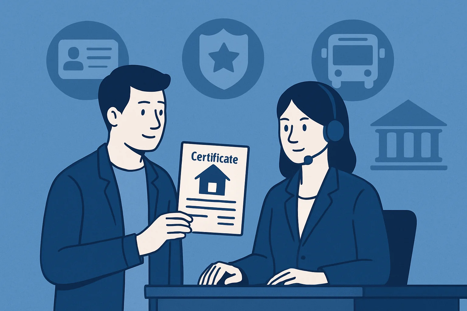 Due professionisti in ufficio: uomo mostra certificato immobiliare a donna con cuffie, sfondo con icone di documenti e t