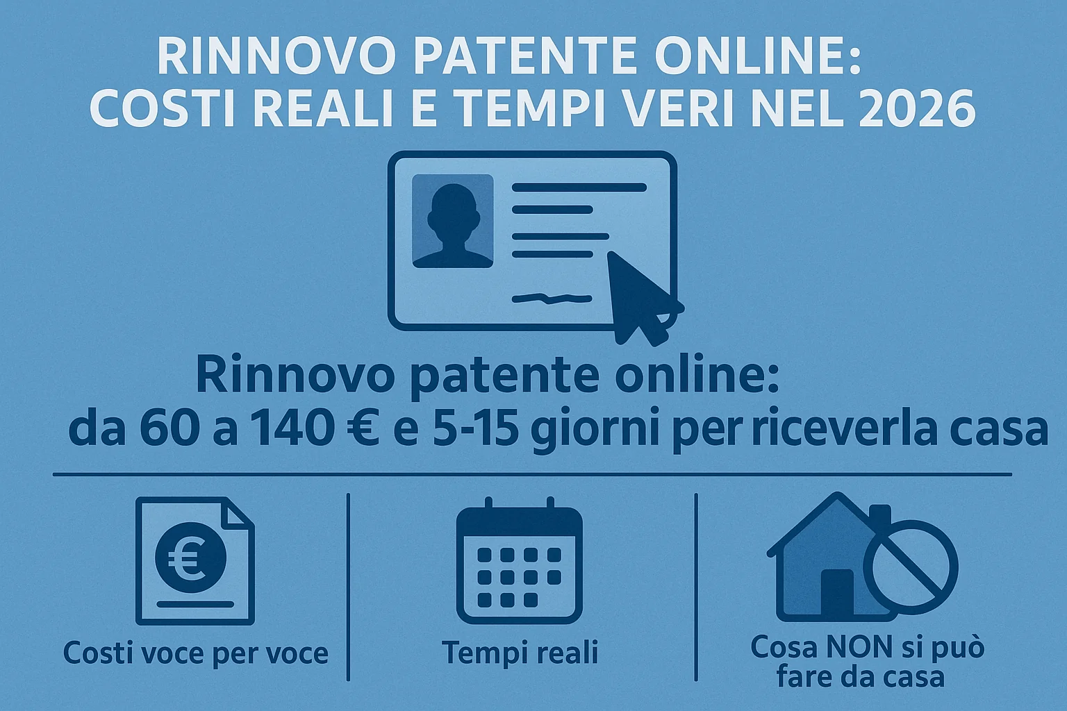Rinnovo patente online: da 60 a 140 € e 5-15 giorni per riceverla a casa. Costi voce per voce, tempi reali e cosa NON si può fare da casa.