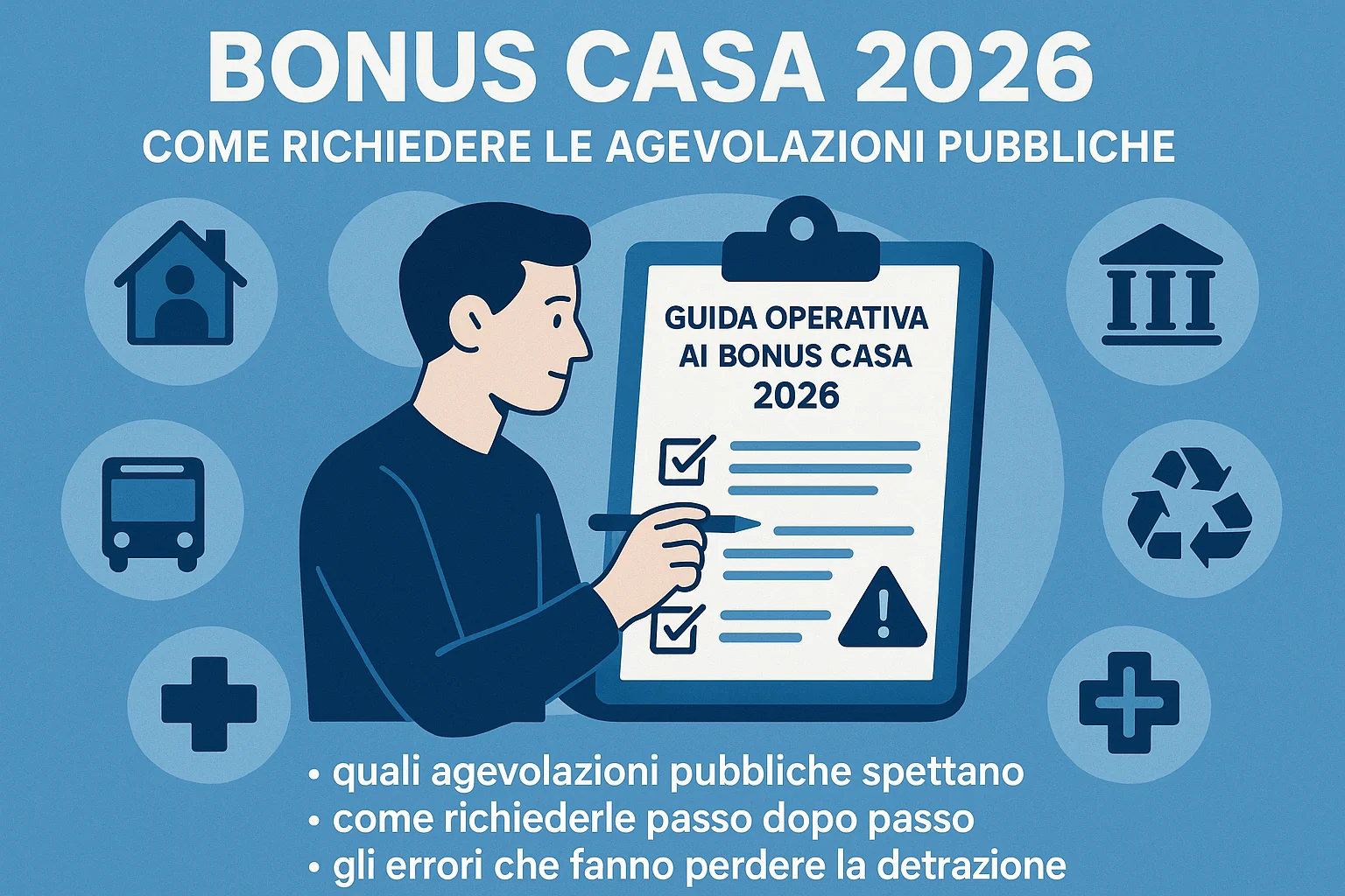 Guida operativa ai bonus casa 2026: quali agevolazioni pubbliche spettano, come richiederle passo dopo passo e gli errori che fanno perdere la detrazione.