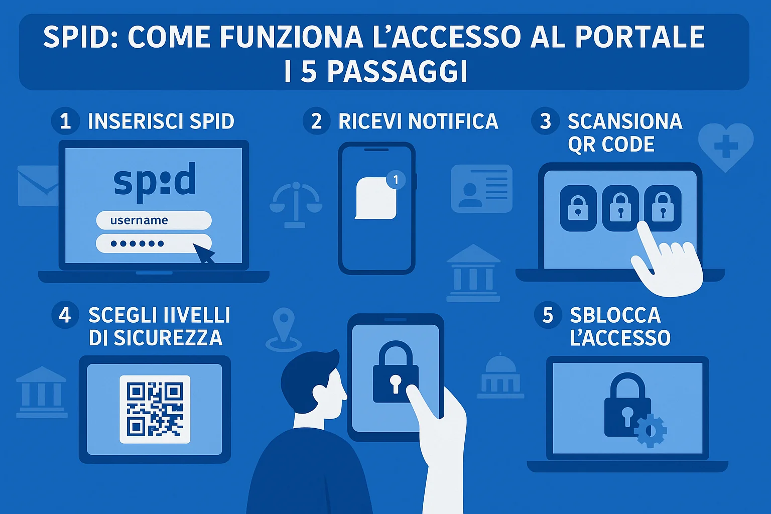Come funziona davvero l'accesso con SPID a un portale: i 5 passaggi esatti, notifica, QR code, livelli di sicurezza e cosa fare quando si blocca.
