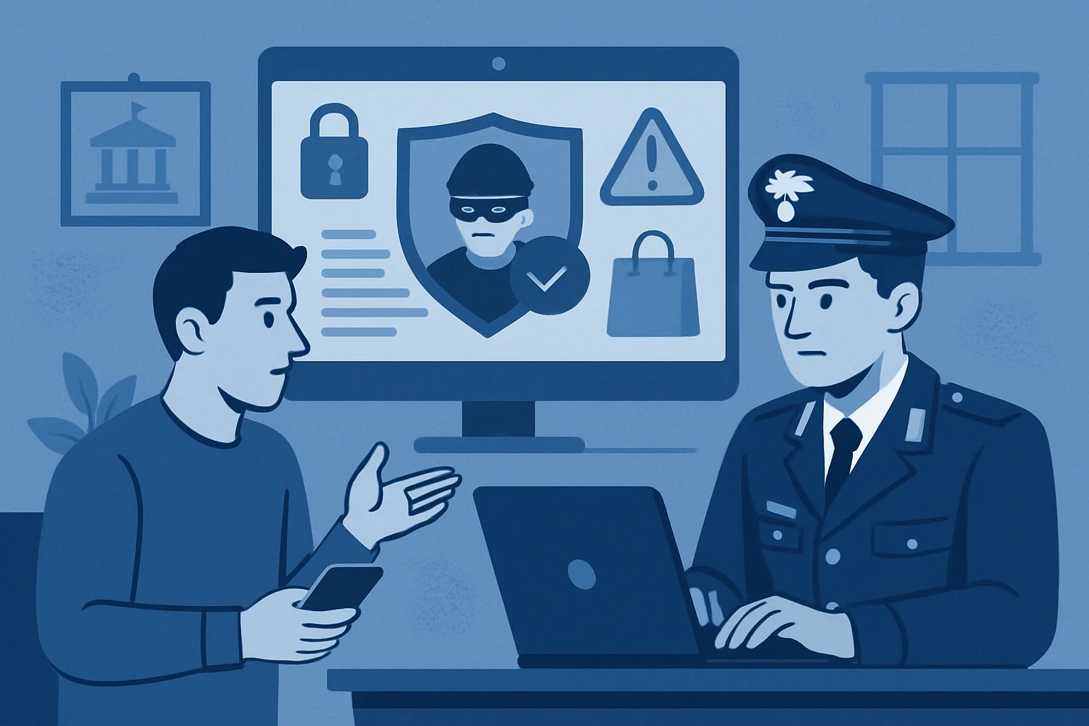 Ufficiale di polizia intervista cittadino su cybercrime e sicurezza digitale con schermo di monitoraggio sullo sfondo