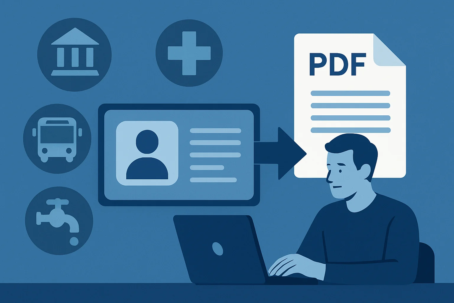 Uomo al computer che elabora dati personali e li converte in documento PDF con icone di servizi pubblici