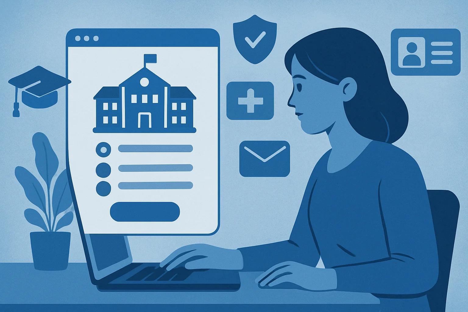 Donna che utilizza un laptop per accedere a una piattaforma educativa online con icone di scuola, sicurezza e comunicazi