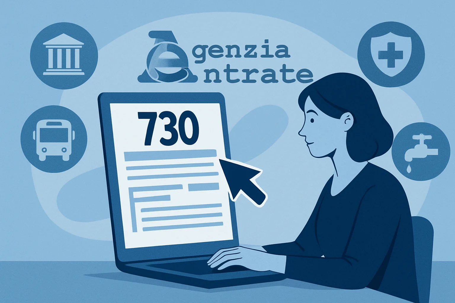 Donna usa laptop per accedere a Agenzia delle Entrate online, numero 730 visibile sullo schermo, icone servizi pubblici