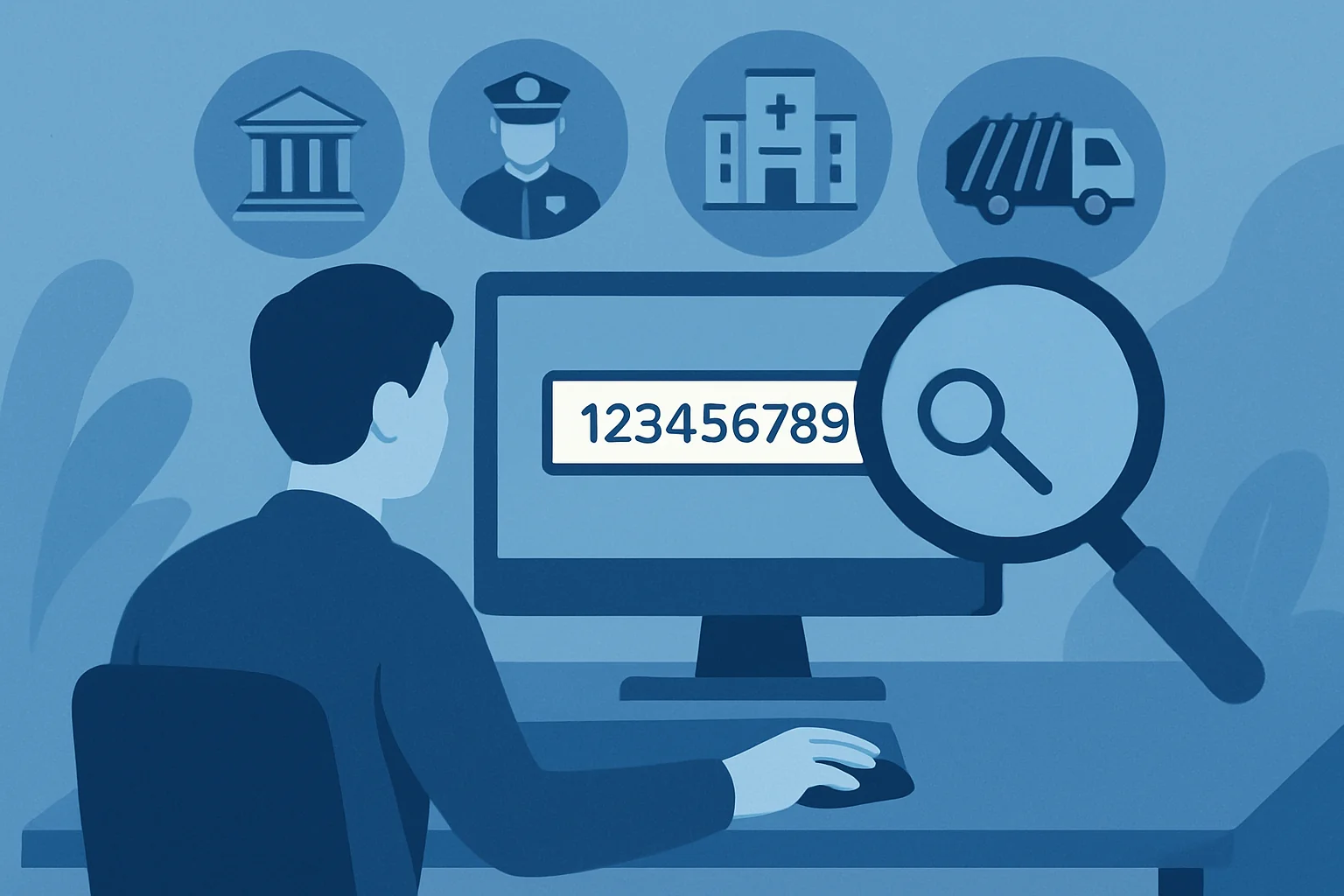 Persona che cerca un numero di telefono su un computer con lente d'ingrandimento, icone di servizi pubblici