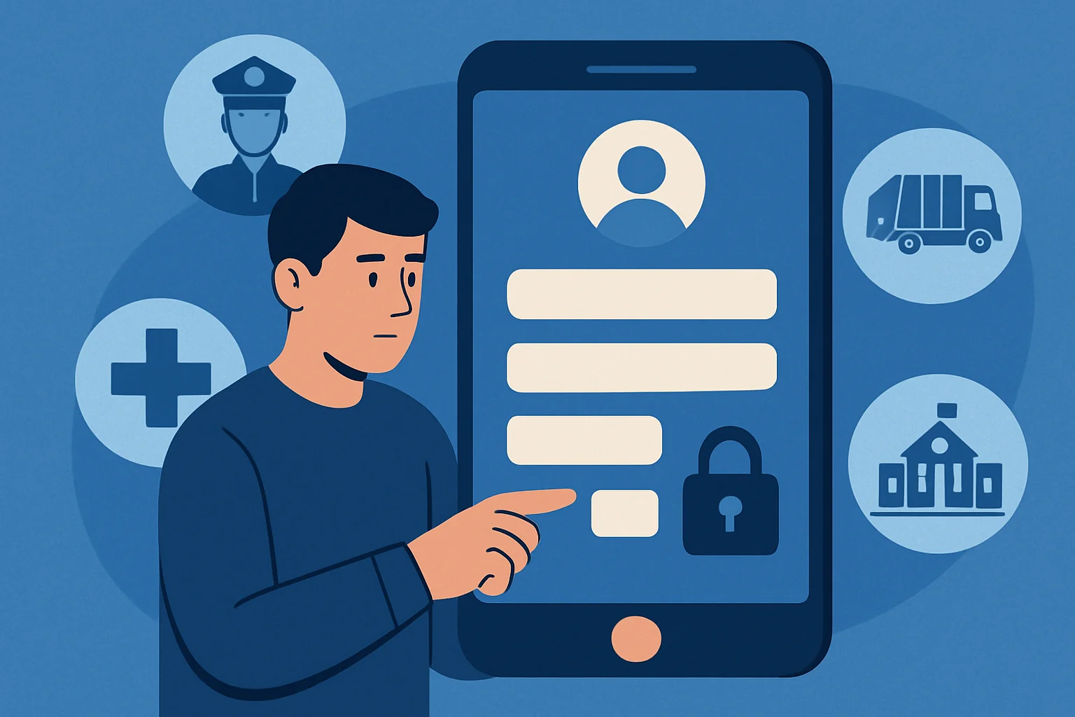 Uomo che accede a un'app mobile con profilo utente protetto da lucchetto, circondato da icone di servizi pubblici
