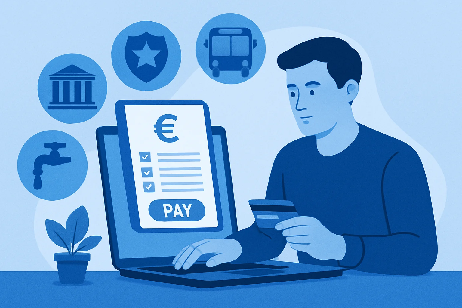 Uomo che effettua pagamento online tramite carta di credito su tablet con icona euro e checklist