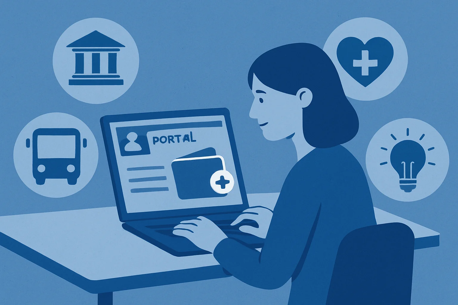 Donna al laptop accede a un portale digitale con icone di servizi pubblici e sanitari