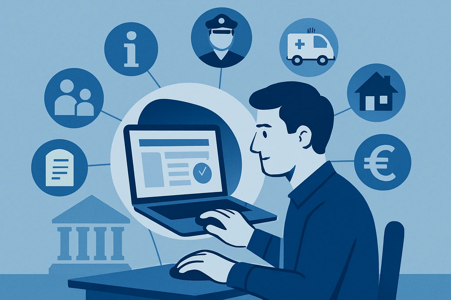 Uomo che utilizza laptop circondato da icone di servizi digitali: sanità, polizia, ambulanza, casa, banca, documento e f