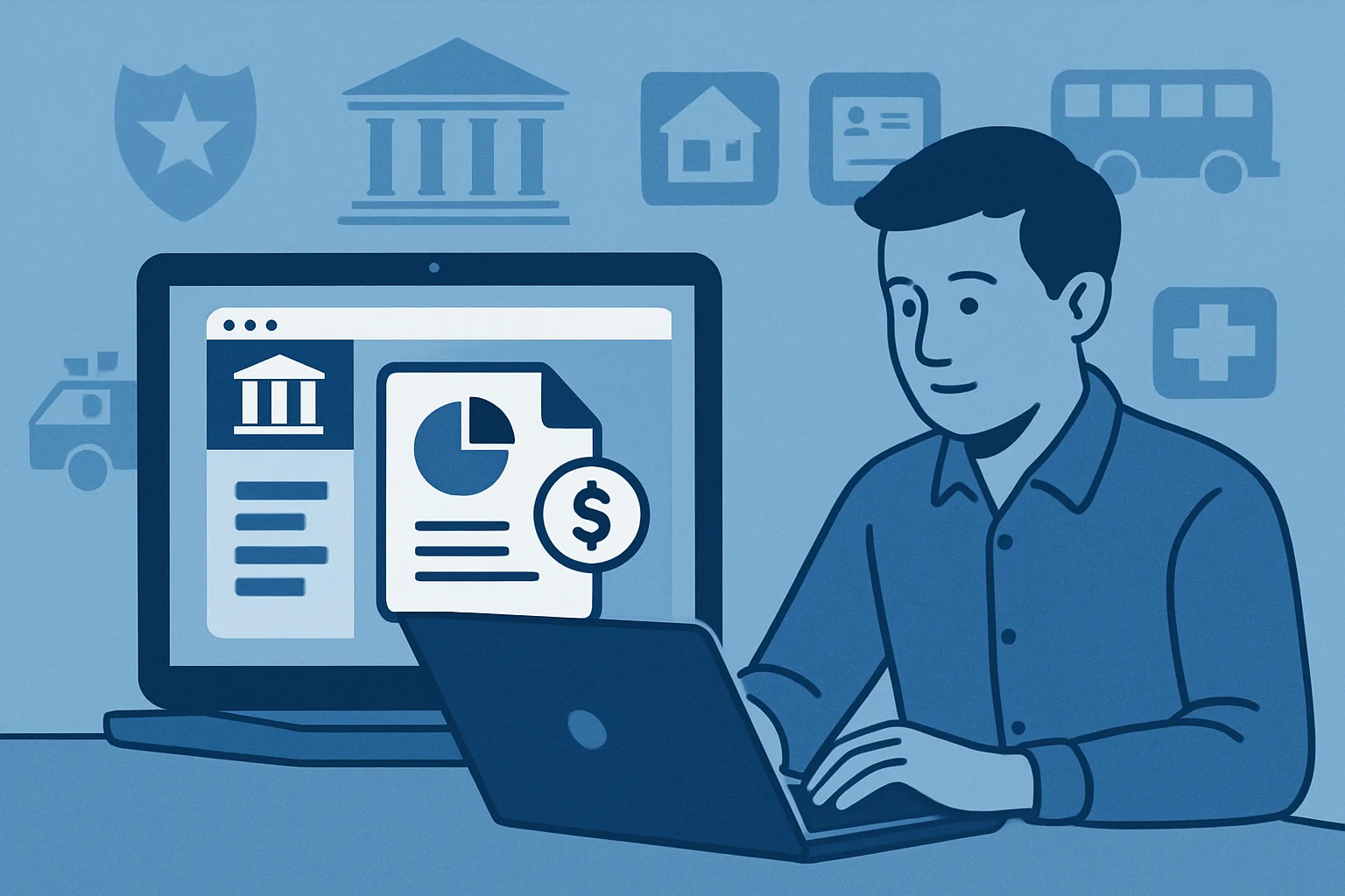 Uomo che lavora al laptop con schermo che mostra grafici finanziari, icone di servizi pubblici e simbolo del dollaro