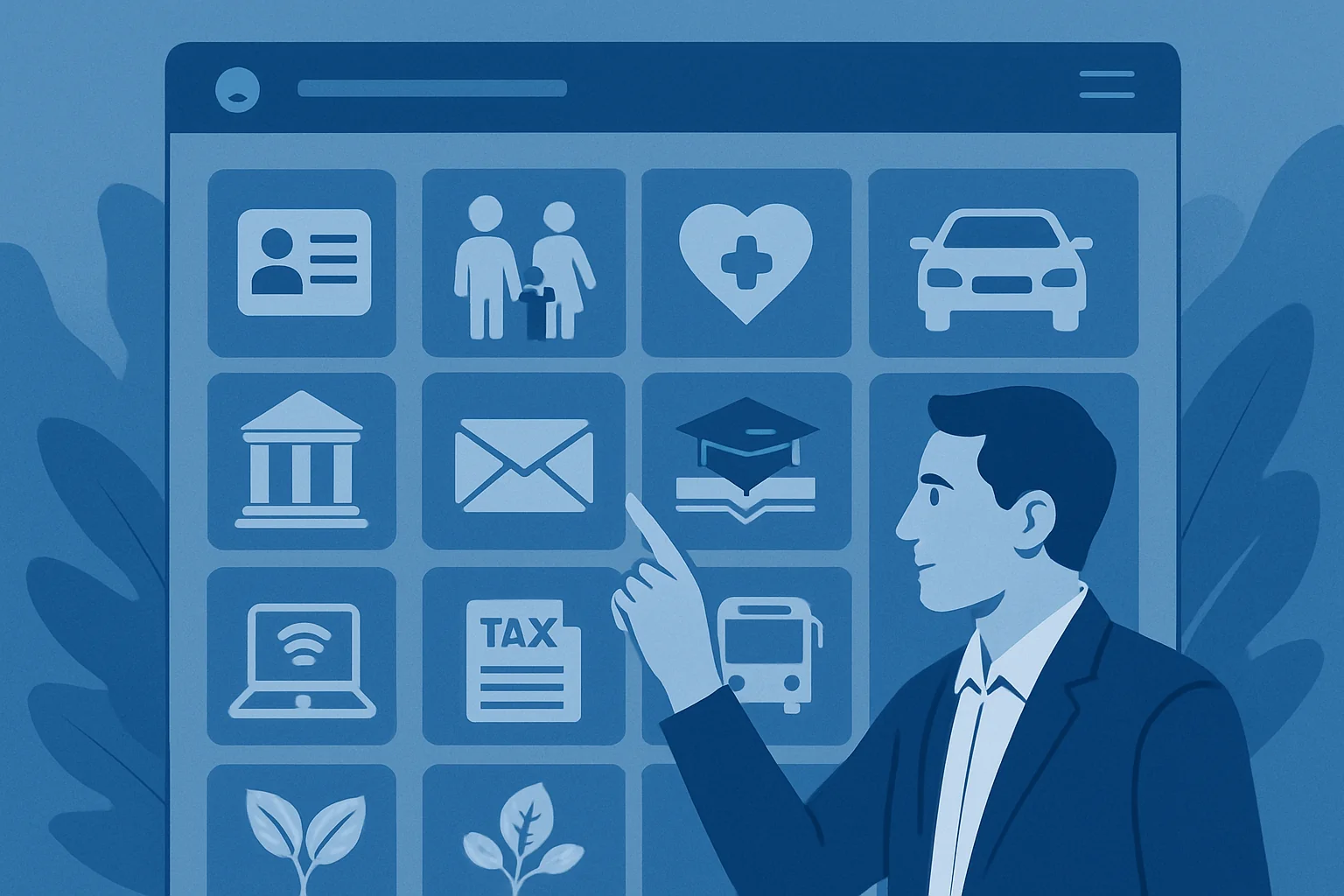 Uomo in abito che seleziona icone di servizi digitali su schermo: profilo, famiglia, salute, auto, banca, email, istruzi