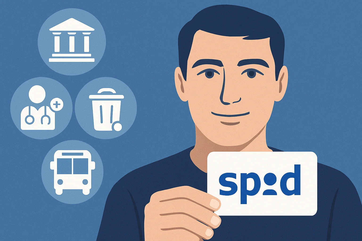 Uomo con card SPID circondato da icone di servizi pubblici: banca, medico, rifiuti, trasporti