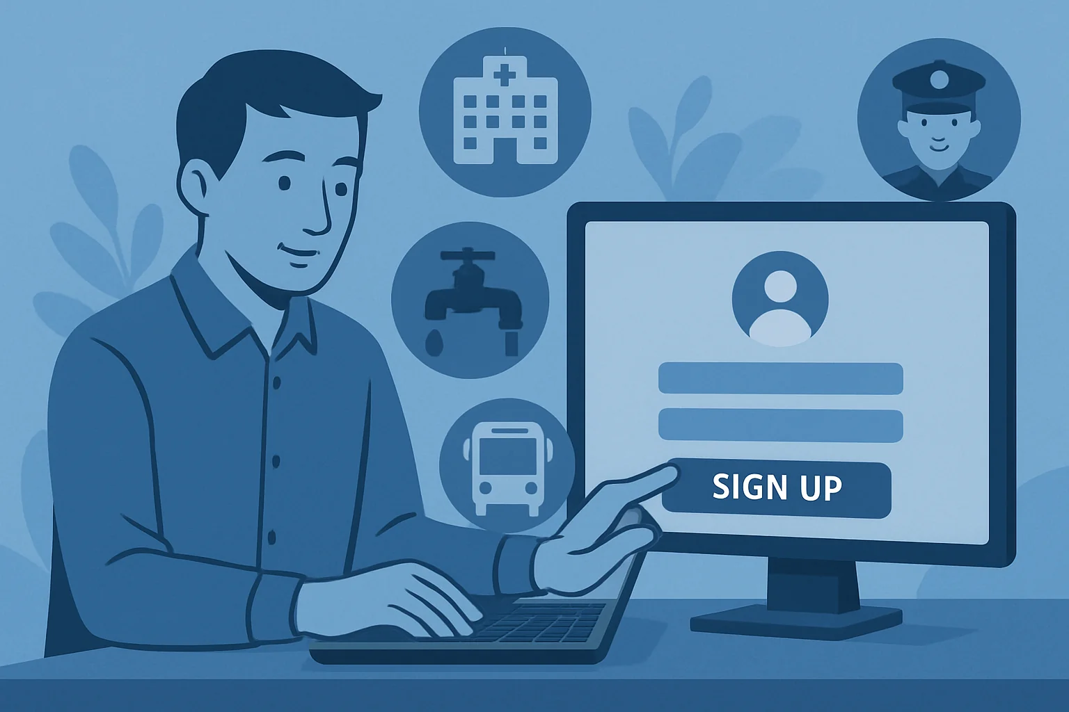 Uomo che utilizza un laptop per registrarsi online con icone di servizi pubblici sullo schermo