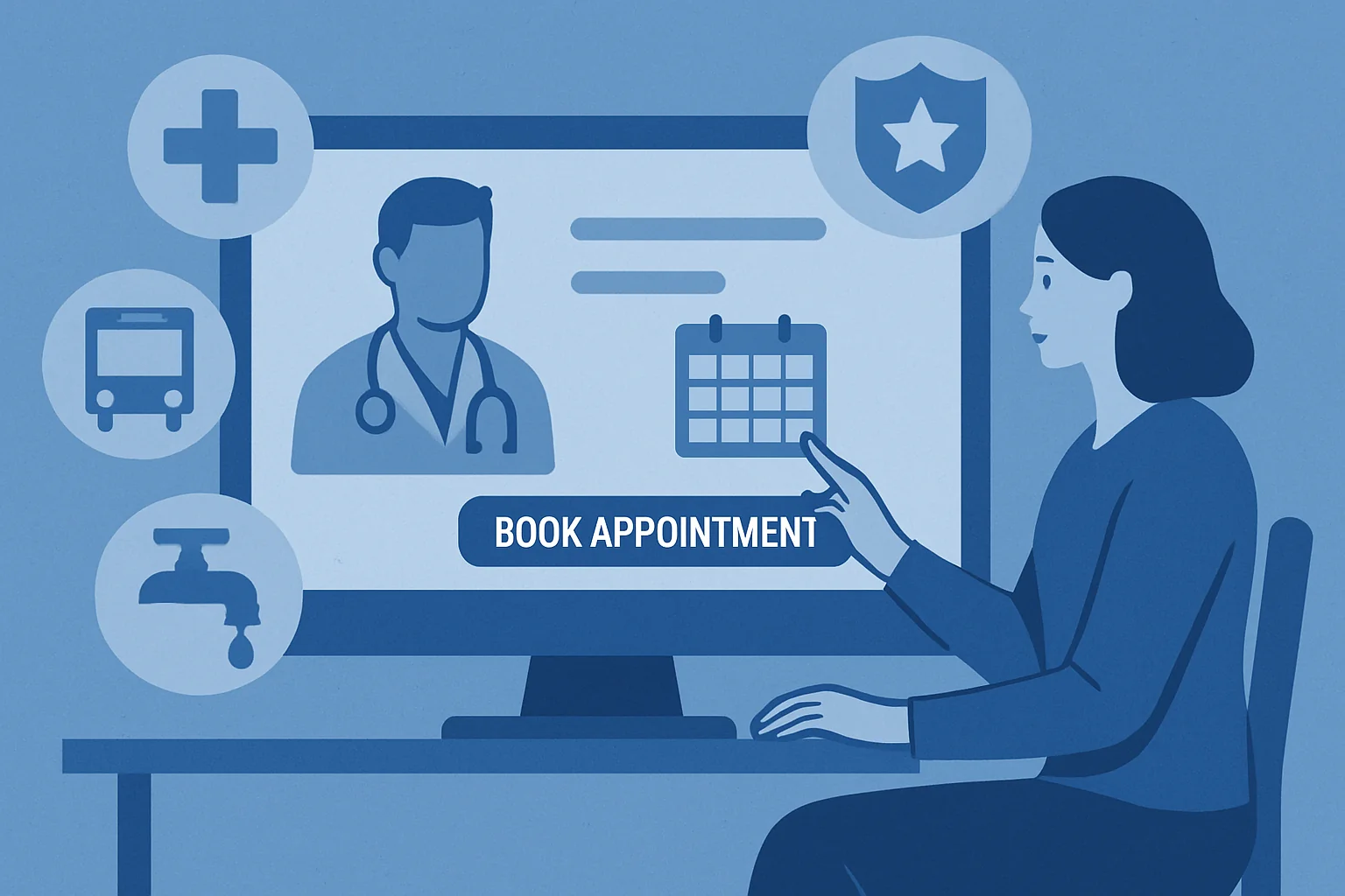 Donna prenota un appuntamento medico online tramite interfaccia digitale con icone di sanità
