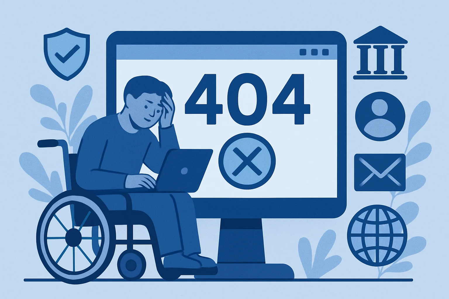 Persona su sedia a rotelle che utilizza un computer portatile con errore 404 sullo schermo, circondata da icone di acces