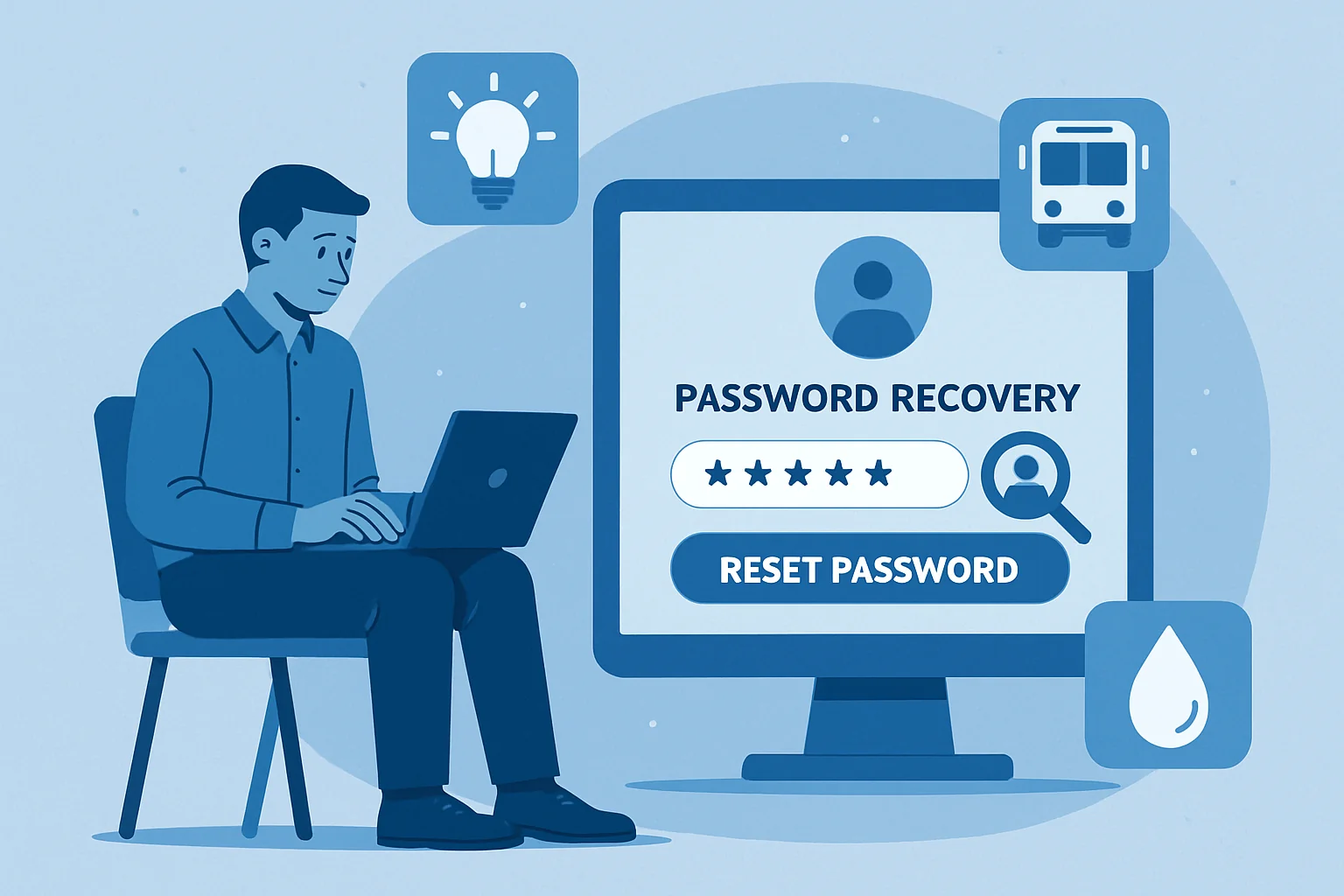Uomo al computer accede a schermata di recupero password con asterischi e pulsante reset