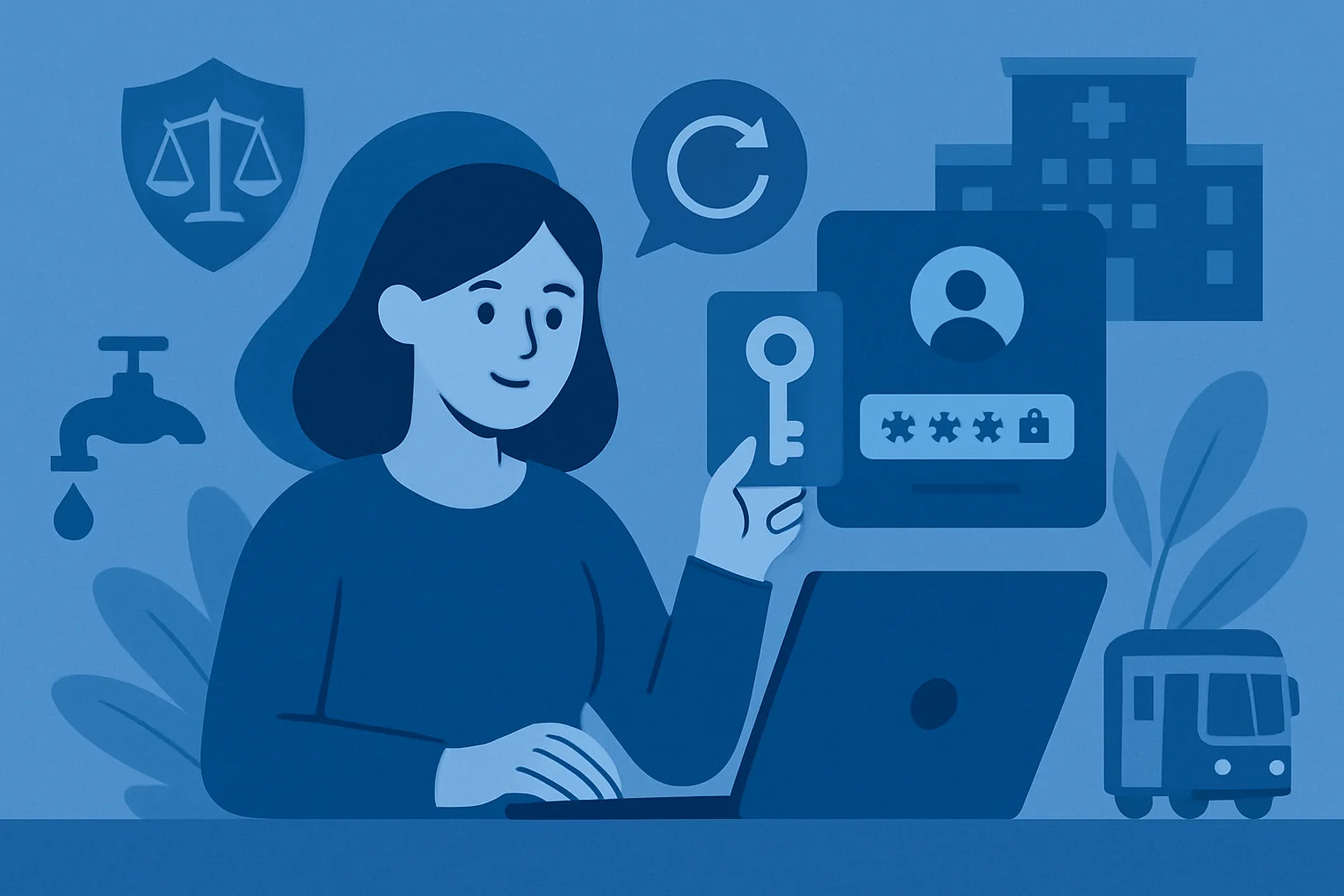 Donna al laptop gestisce sicurezza digitale con icone di protezione dati, privacy e conformità normativa