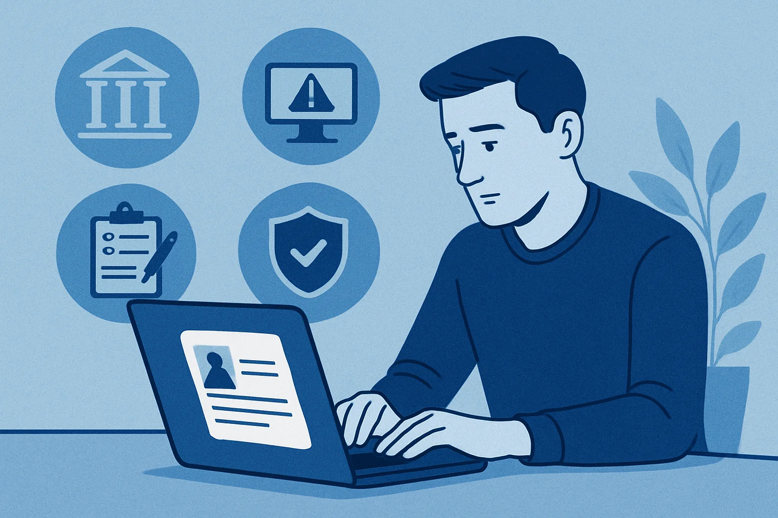 Uomo che utilizza laptop con icone di sicurezza, compliance e protezione dei dati