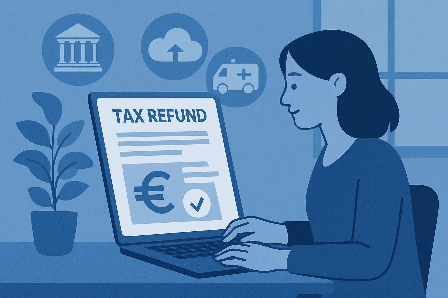 Donna al computer con documento di rimborso fiscale, icone di servizi pubblici e sanità sullo sfondo