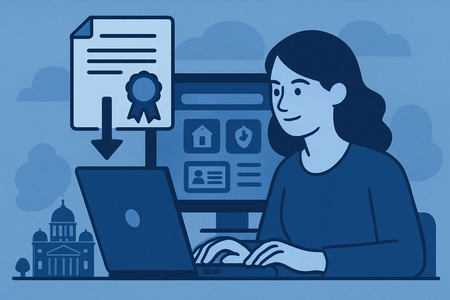 Donna che lavora al laptop con certificato e icone di sicurezza digitale sullo schermo