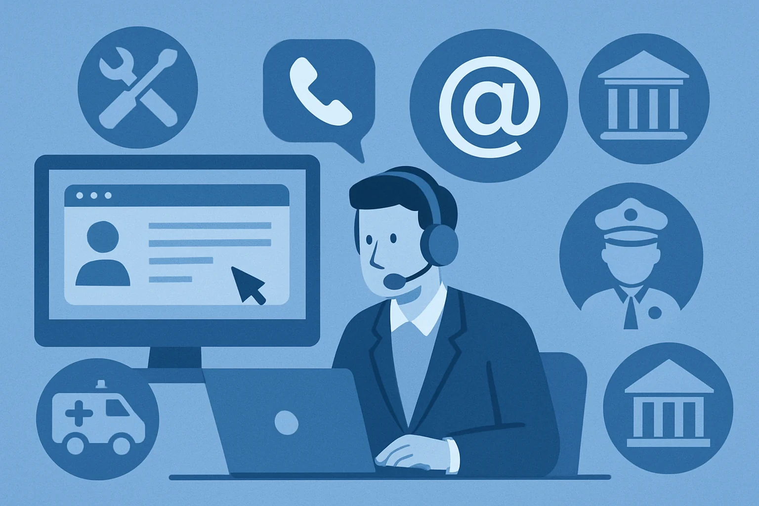 Agente di call center con cuffia che assiste clienti tramite computer, circondato da icone di contatto e servizi