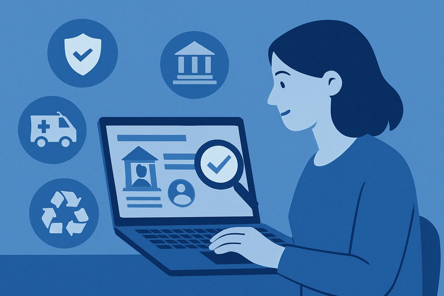 Donna utilizza laptop per verificare documenti digitali con icone di sicurezza, sanità, banca e sostenibilità