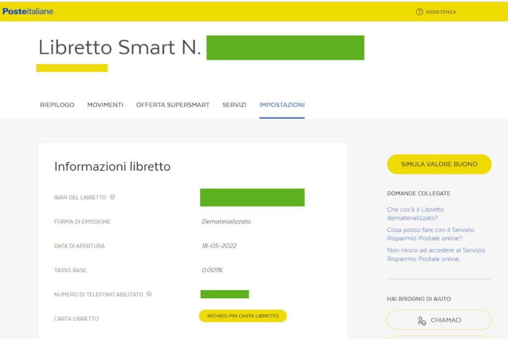 Impostazioni Libretto postale Smart